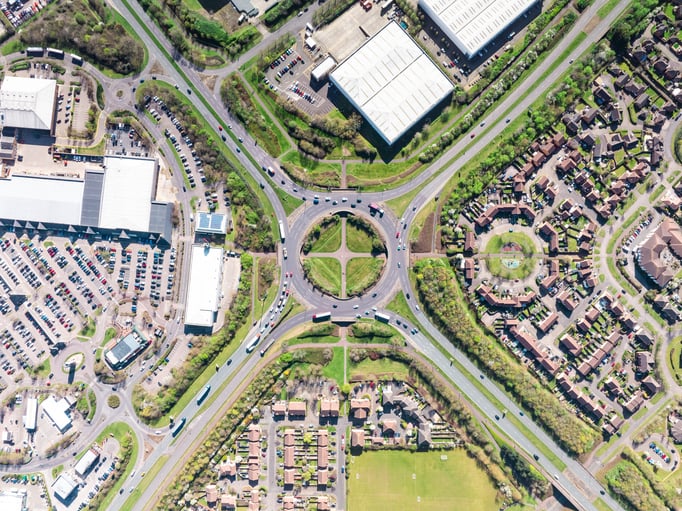 Aerial view of round about near Kingston retail center in Milton Keynes, UK stock photo